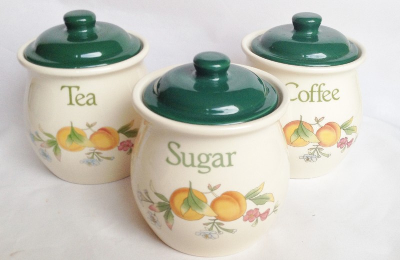 Nivag Collectables Cloverleaf Peaches and Cream Tea, Coffee and Sugar Storage Jars and Lids