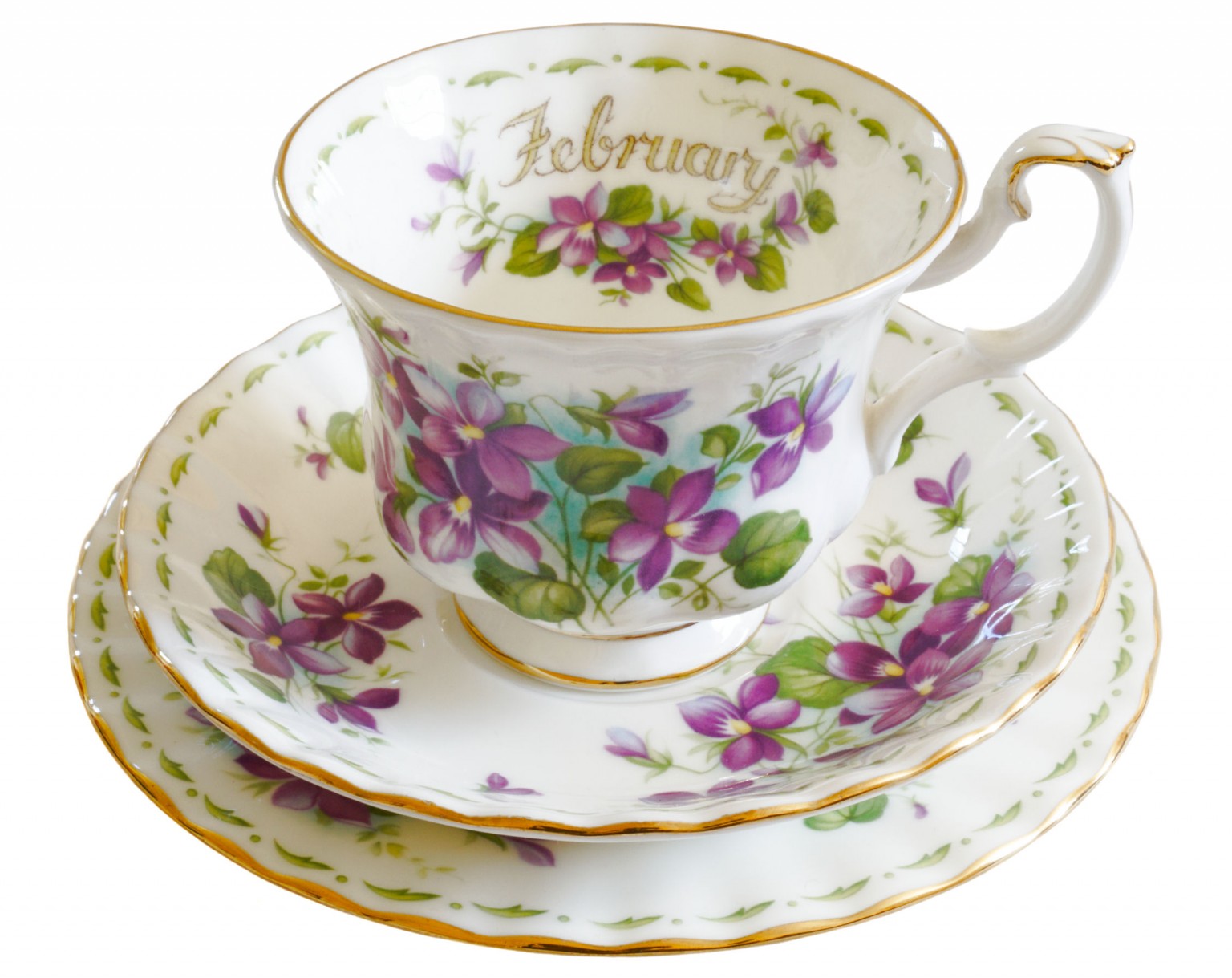 Royal Albert Monthly February Violets tea cup trio